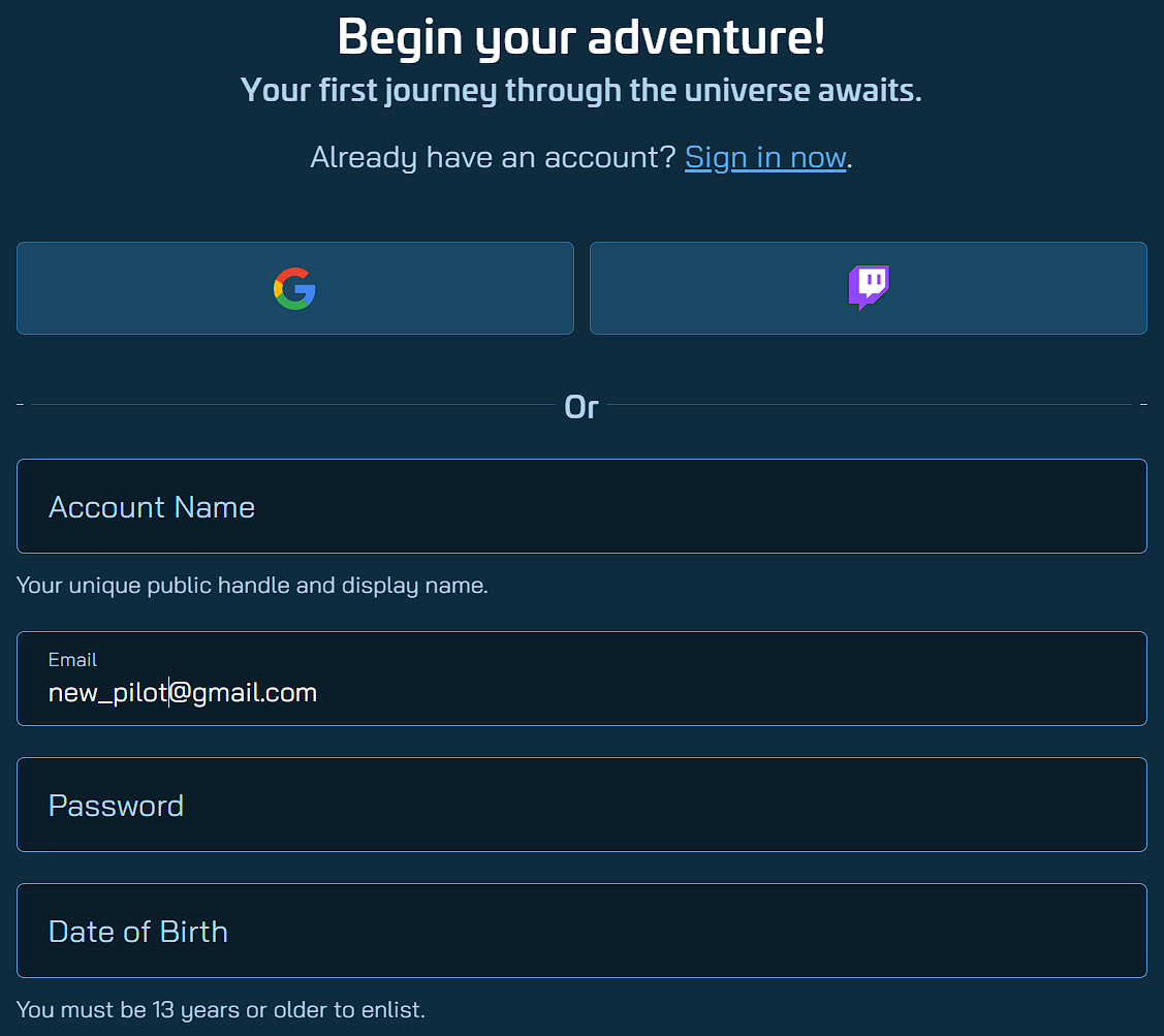 RSI account creation page with the referral code section visible during signup.