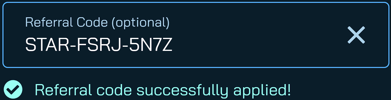 Referral code field with STAR-FSRJ-5N7Z applied successfully.